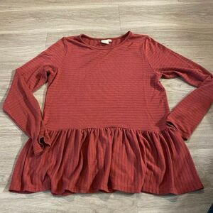 Live In The Moment Womens Burgundy Striped Ruffle Long Sleeve Blouse Top Small